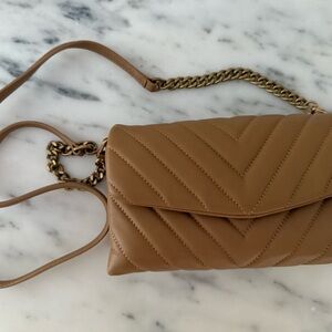 Quince Italian LeatherTan Quilted Crossbody Bag with Gold Chain